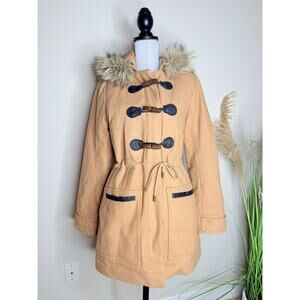 Abercrombie & Fitch Hooded Fur Trim Wool Toggle Peacoat Parka Womens M Camel Tan